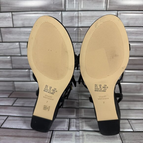Stuart Weitzman Women's Black Leather Grecian Buckle Wedge Sandals Size 7-NEW - Picture 7 of 8